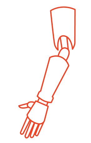 Vancouver Prosthetics & Orthotics line drawing of a prosthetic arm with elbow control + functionality, in red.