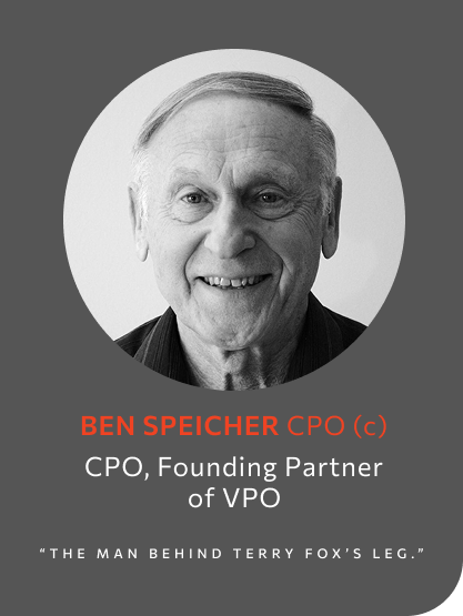 Black and white photograph of Ben Speicher, smiling, with his name and titles listed below, including 'CPO, Founding Partner of VPO' and a quote.