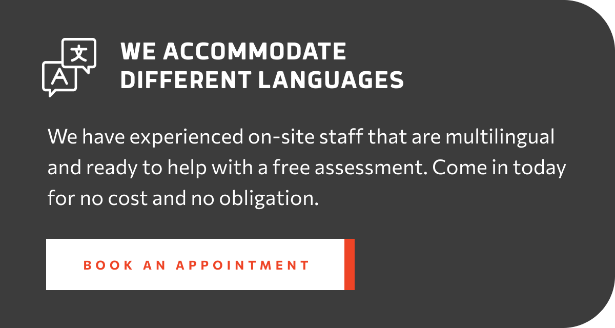 A dark gray informational graphic with white and red text, indicating that the organization accommodates multiple languages. It includes icons of speech bubbles with translation symbols, a message about multilingual staff available for free assessments, and a red button labeled 'Book an Appointment'.