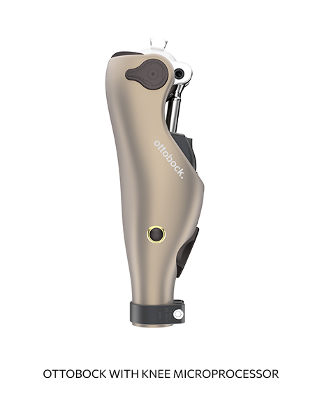 A Vancouver Prosthetics & Orthotics medical prosthetic knee with a microprocessor from Ottobock, shown in a neutral color with black and metal accents.