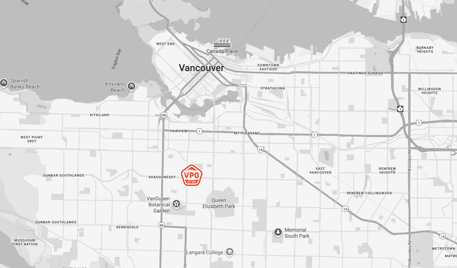 Map showing the location of Vancouver Prosthetics & Orthotics in Vancouver, BC and surrounding areas with notable locations such as Canada Place, Kitsilano Beach, VanDusen Botanical Garden, Queen Elizabeth Park, and prominent highways.