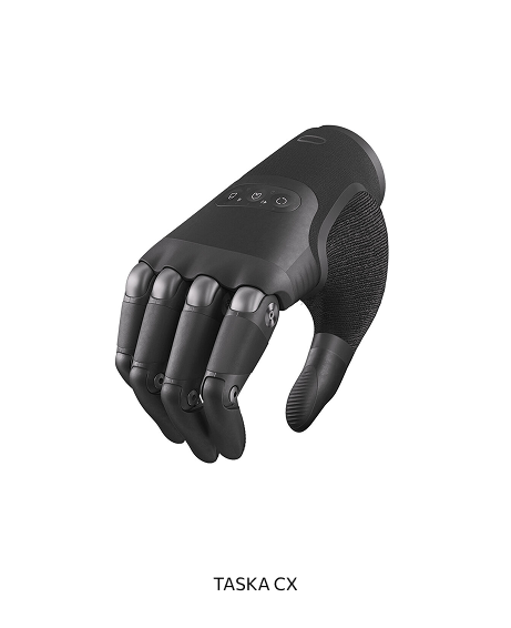 A Vancouver Prosthetics & Orthotics robotic hand with a black and gray design, labeled TASKA CX.