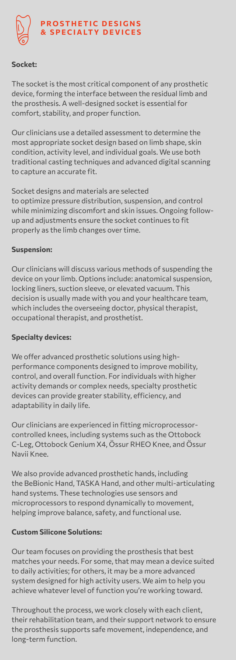 Information block on prosthetic designs and specialty devices, discussing socket and suspension options, advanced prosthetic components, fitting procedures, and custom silicone solutions.