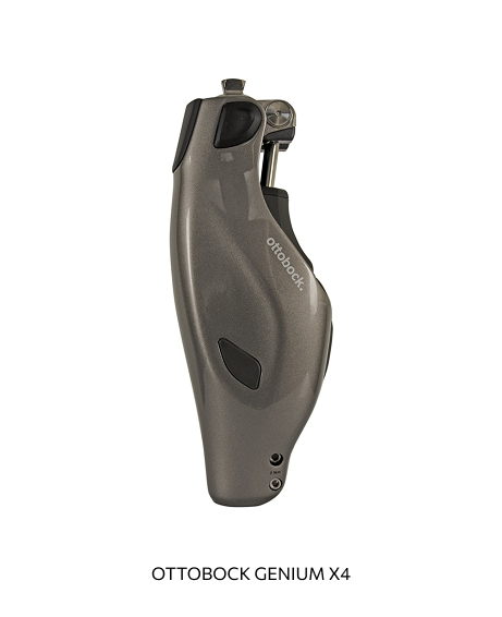 A  Vancouver Prosthetics & Orthotics gray Ottobock Genium X4 prosthetic leg device with controls and a sleek design.