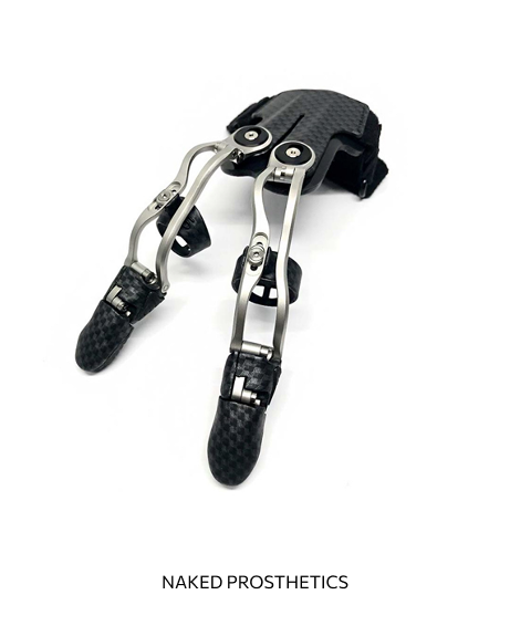 Vancouver Prosthetics & Orthotics Carbon fiber prosthetic legs with metal joints labeled 'NAKED PROSTHETICS'
