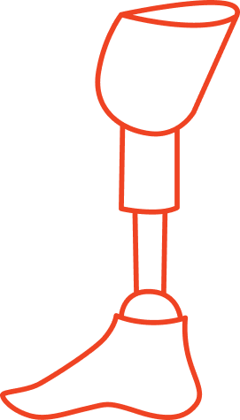 Red Vancouver Prosthetics & Orthotics icon of a prosthetic leg with a sock and a shoe.