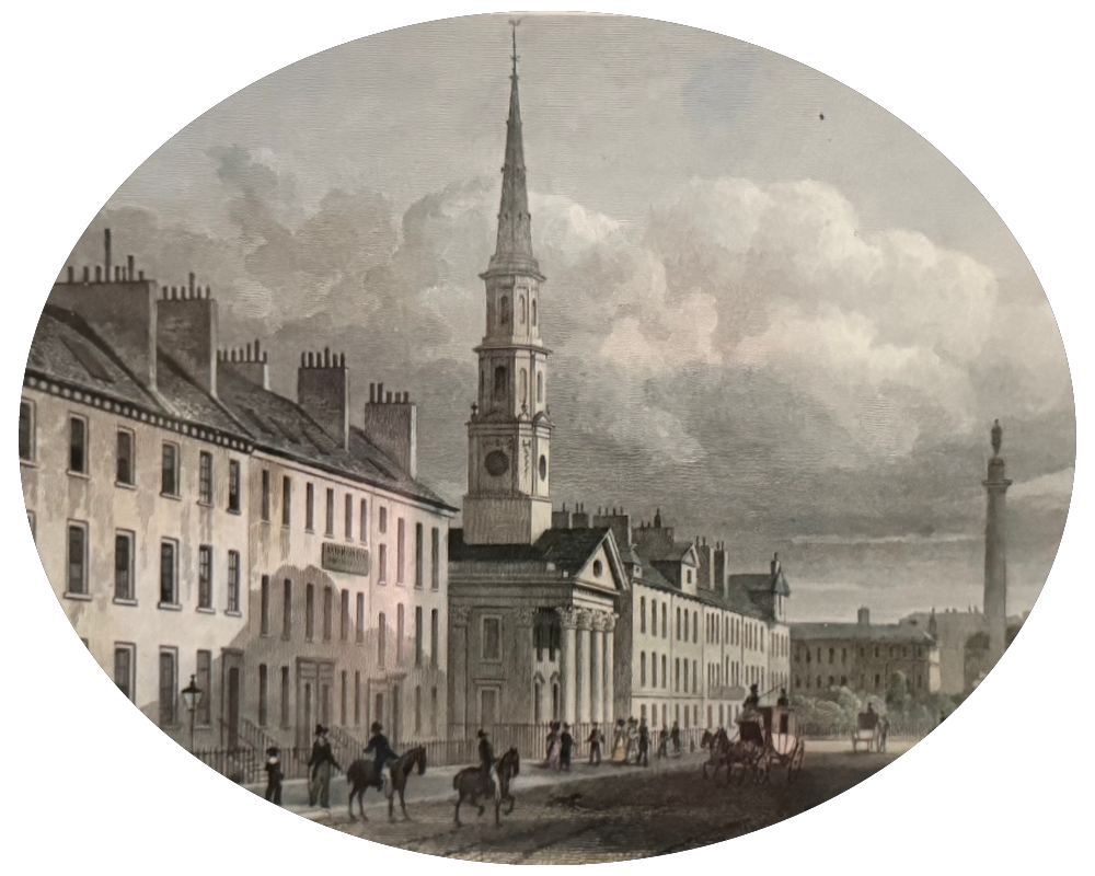 Historical city scene with horse-drawn carriages, pedestrians, and classical buildings, including a prominent church with a tall spire and a column in the background.
