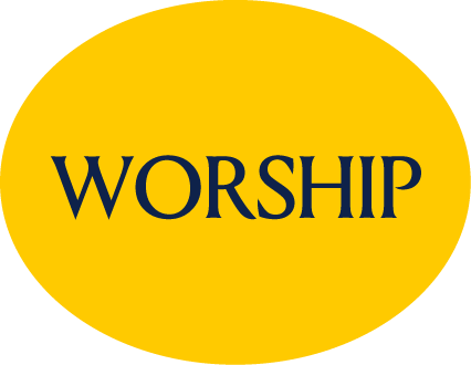 Yellow oval badge with the word 'WORSHIP' in blue capital letters.
