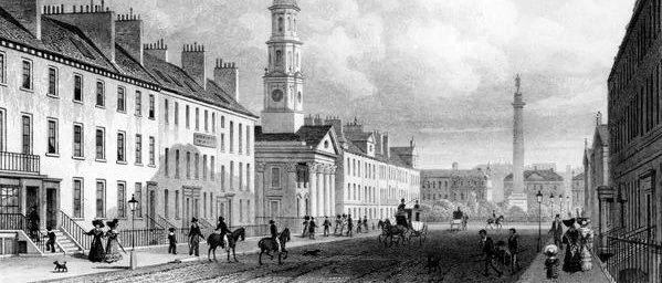 Black and white illustration of a city street with buildings, people, and horse-drawn carriages.