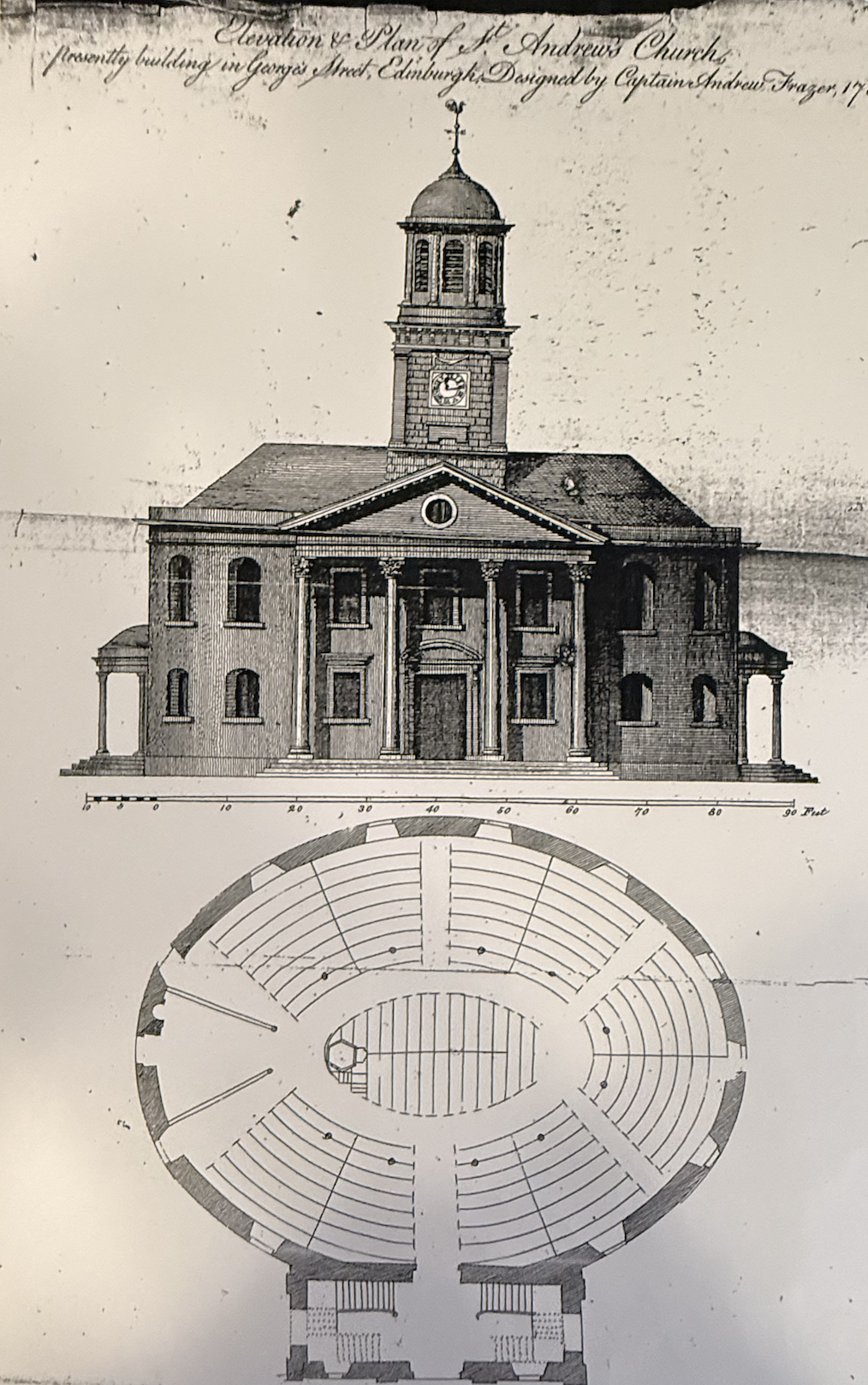 Architectural drawing of St. Andrews Church showing an elevation view of the building with a clock tower, and a floor plan with seating arrangements.