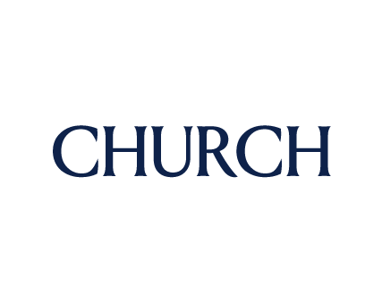 The word 'CHURCH' in large blue letters, centered on a black background.