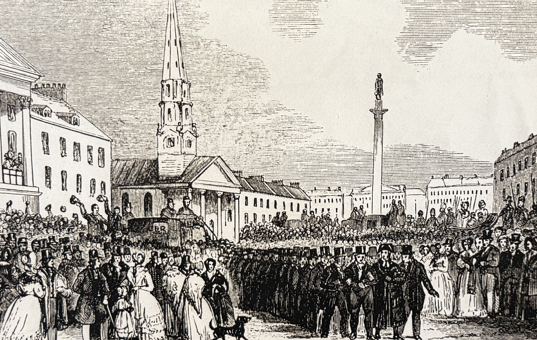 Historical illustration of a busy city square with a large crowd of people, a tall church with a spire, a column with a statue, and surrounding buildings.