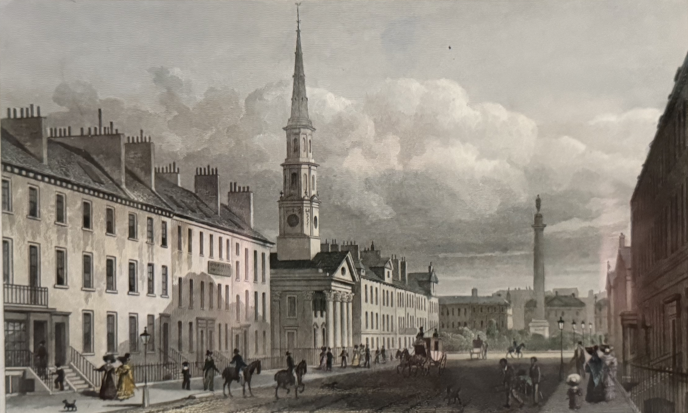 Historical city scene with buildings, a church with tall steeple, horse-drawn carriages, and pedestrians.