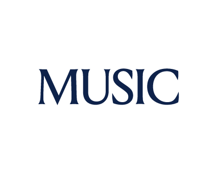 The word 'MUSIC' with a silhouette of a person playing a guitar behind it.