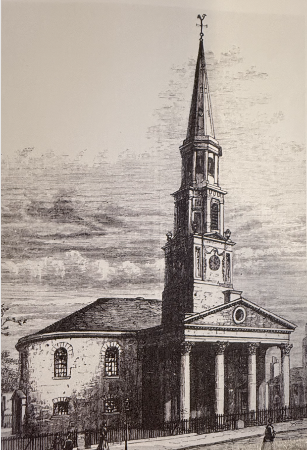 Drawing of a historic church with a tall steeple, a clock on the facade, and columns at the entrance, with a few people walking nearby.