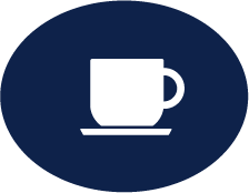 Icon of a white coffee mug on a dark blue circular background