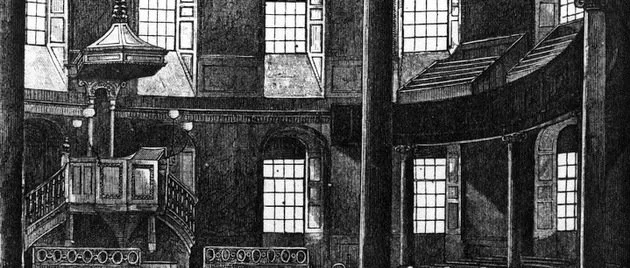 Black and white illustration of an interior with multiple large windows, balcony railings, and a staircase.