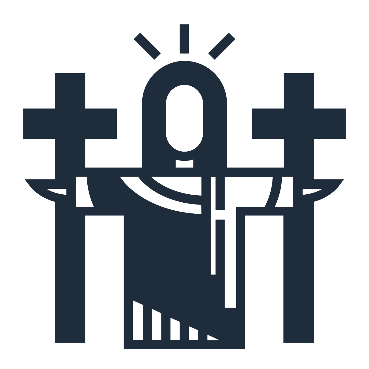 A black icon representing a person giving a presentation with a chart or graph on a screen, surrounded by two candlestick charts.