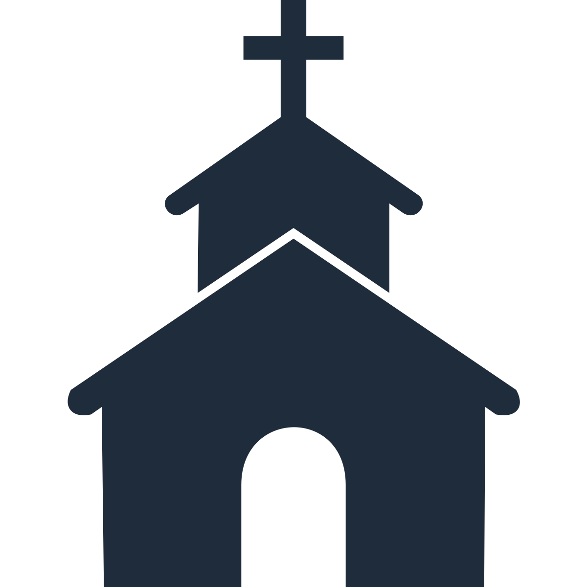 Simplified icon of a church with a steeple topped by a cross, depicted in dark blue against a black background.