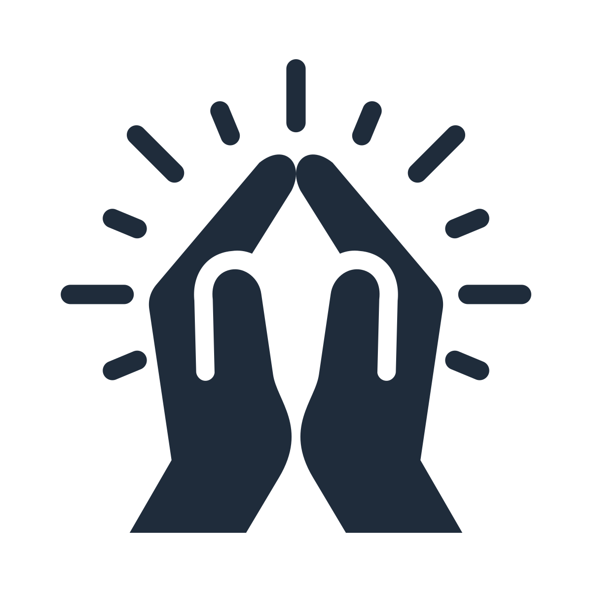 Illustration of two hands pressed together in a prayer or greeting gesture, with rays radiating outward.