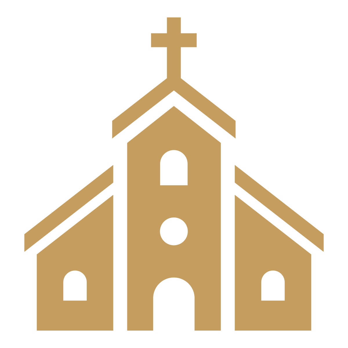 Gold church building with a steeple topped with a cross, arched windows, and an arched entrance, on a black background.
