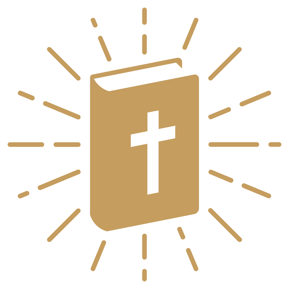 A religious illustration of a Bible with a gold cover, a black cross on the front, and rays of light emanating from it.