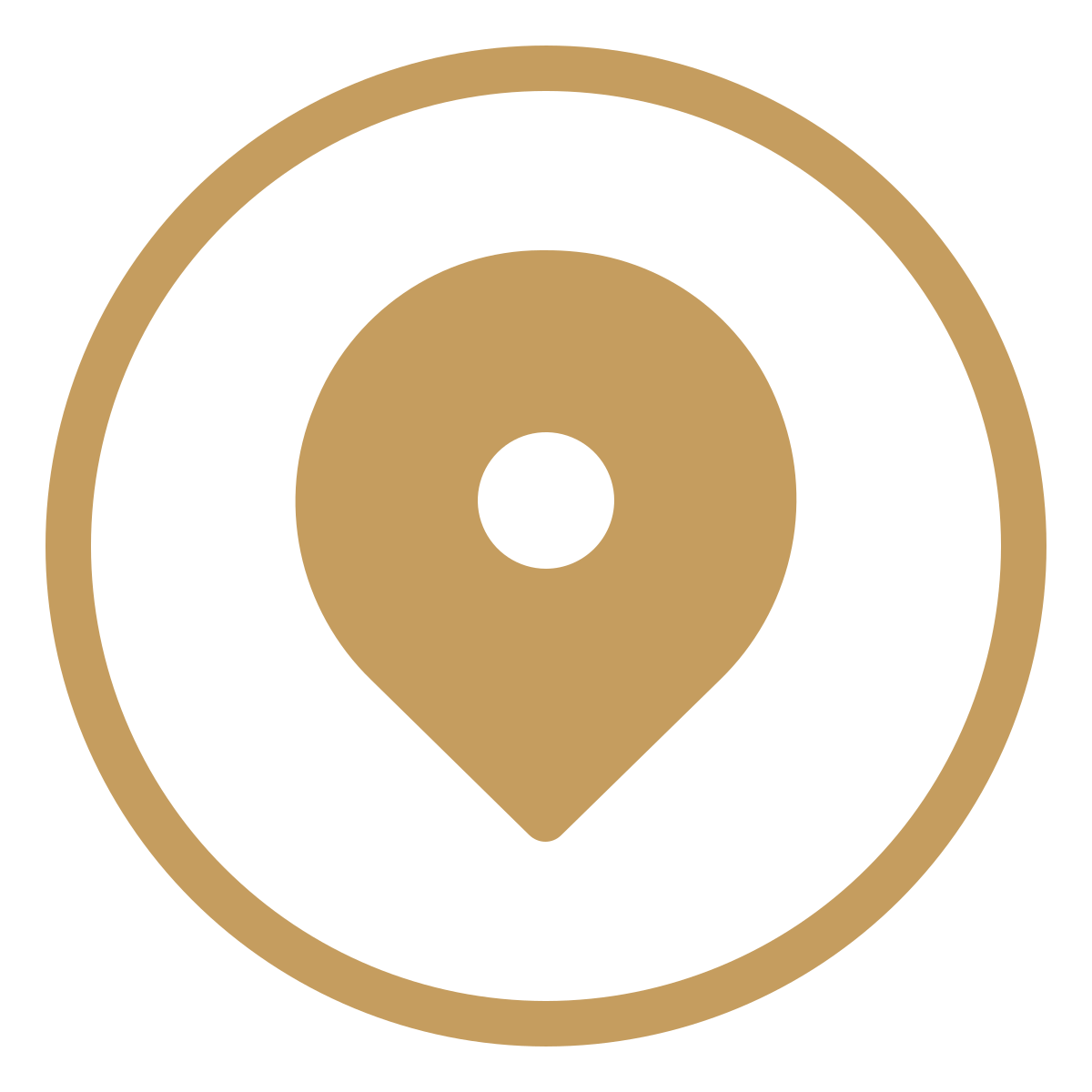 A golden location pin icon inside a black circle with a gold border.