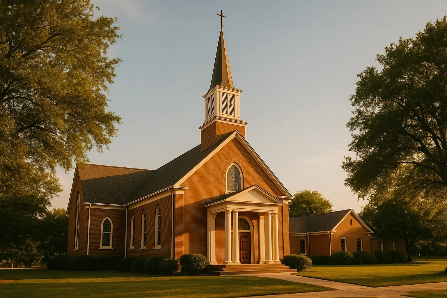 A small brick church with white columns at the entrance and a tall steeple with a cross on top, surrounded by trees and grass during sunset.
