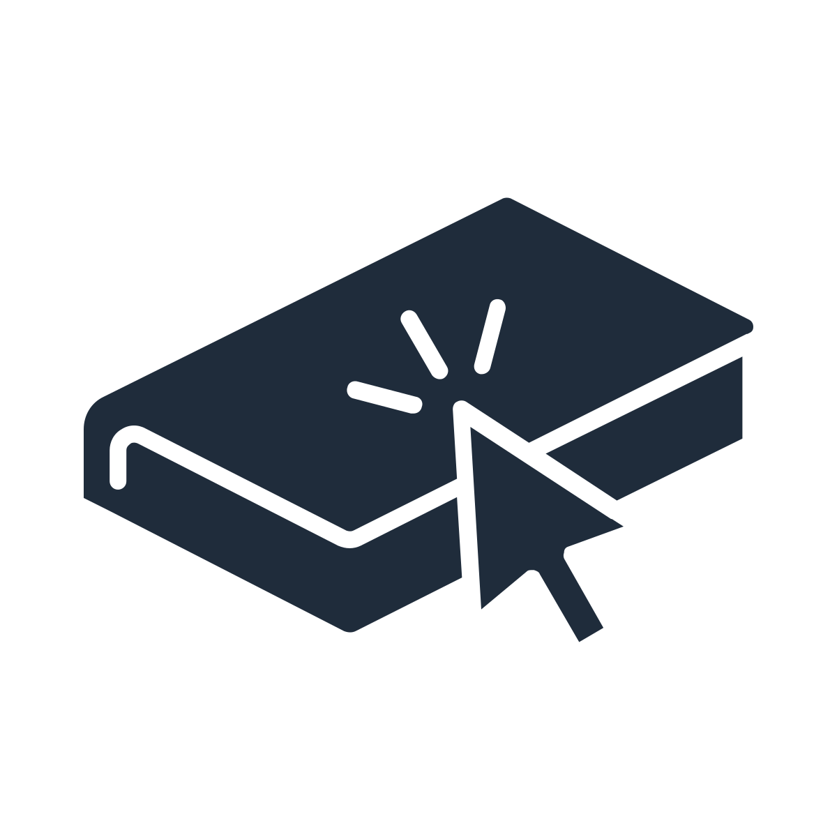 Icon of a computer cursor clicking on a rectangular object, representing a click or selection action.