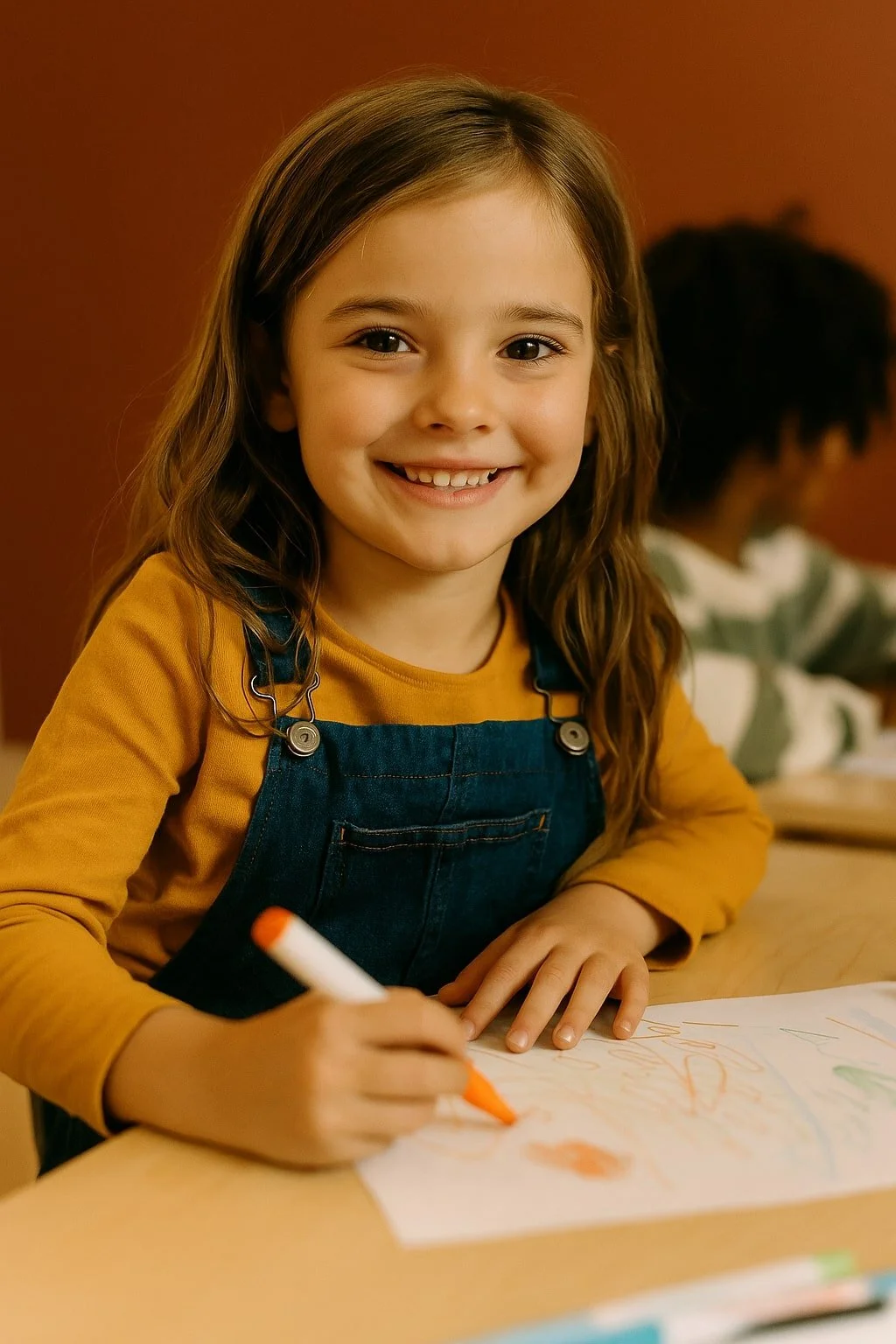 A young girl with long, wavy brown hair smiling at the camera while coloring on paper with an orange marker, sitting at a wooden table.