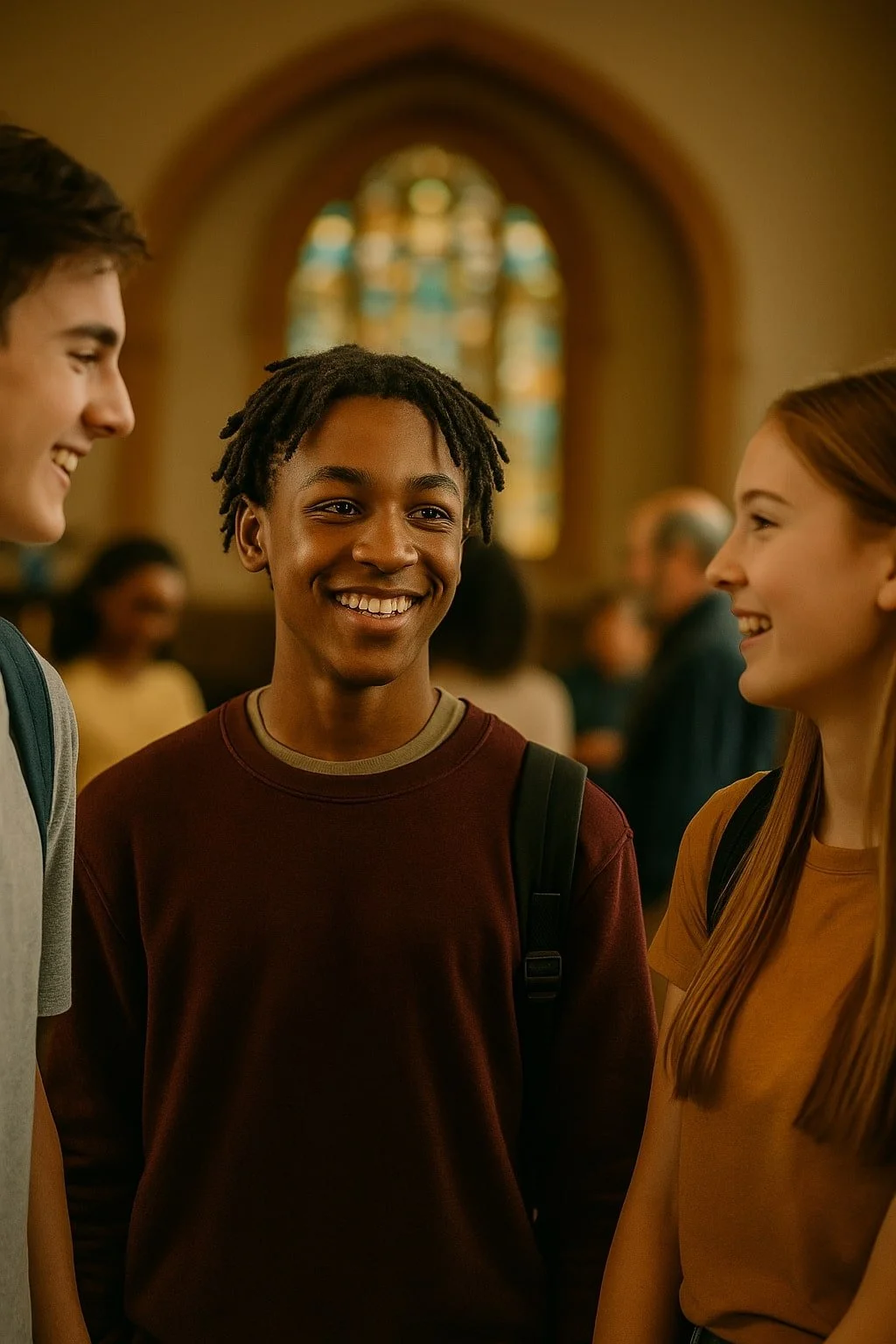 Three teenagers talking and smiling inside a church or chapel with a stained glass window in the background.