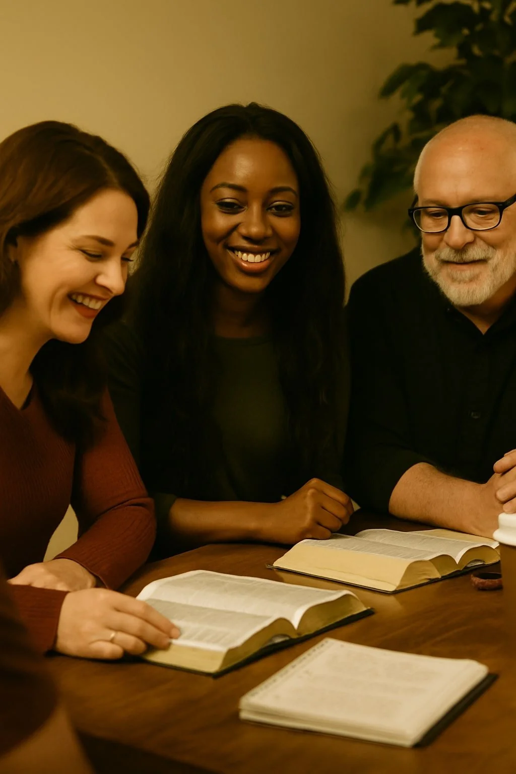 Three people sitting at a table reading and discussing from open books