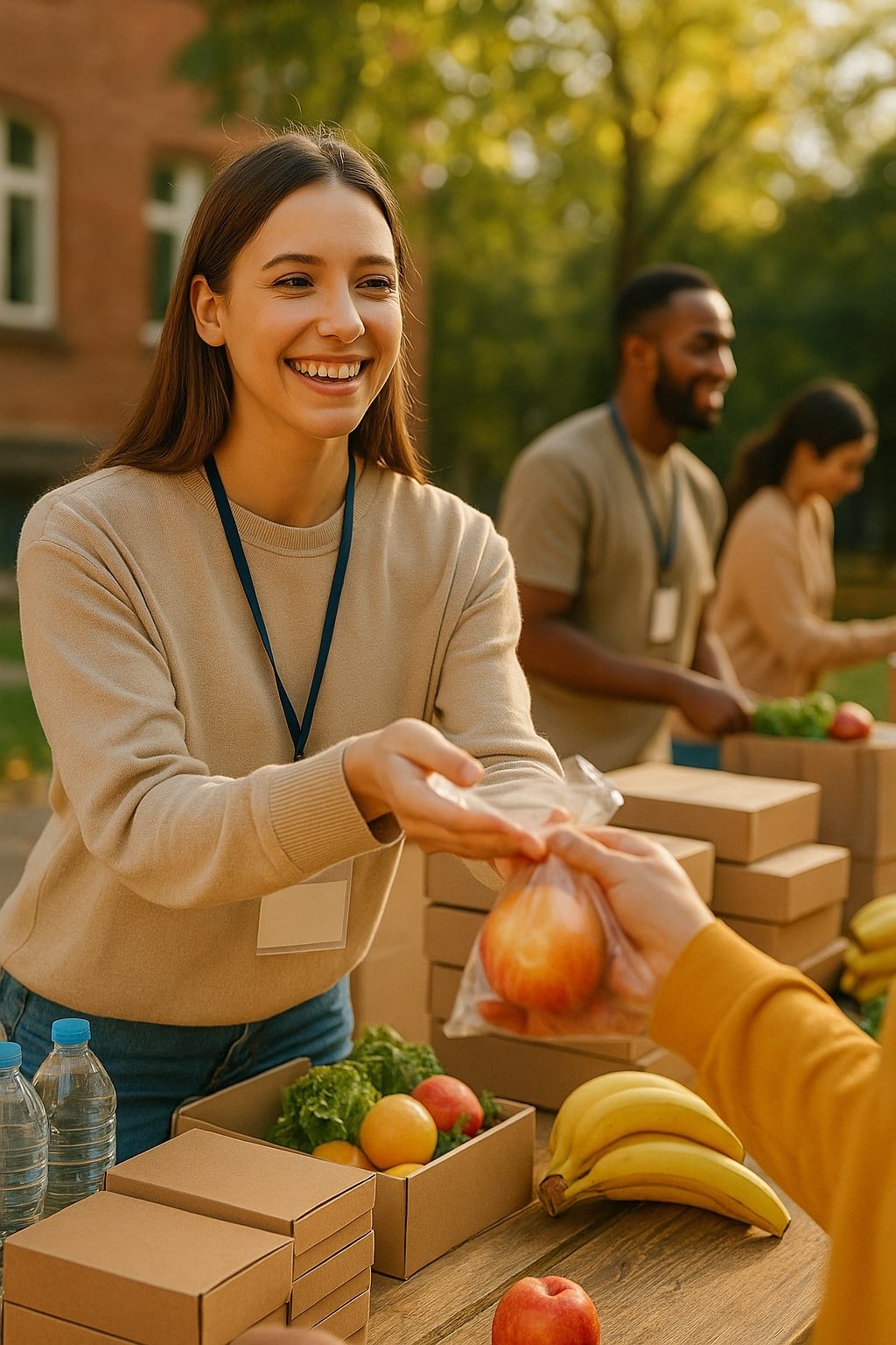 A woman in a beige sweater hands an onion to a person in a yellow jacket at an outdoor farmers market with bananas, apples, and vegetables displayed on a table.