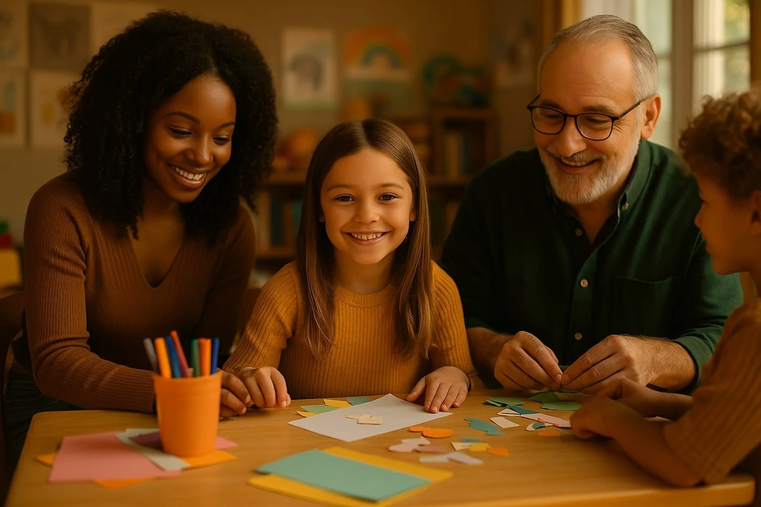 Family of four, smiling and working on arts and crafts at a table in a warm, cozy room with bookshelves and colorful artwork in the background.