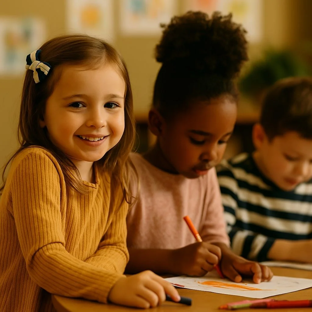 Smiling young girl with a bow in her hair sitting at a table with two other children drawing with markers.