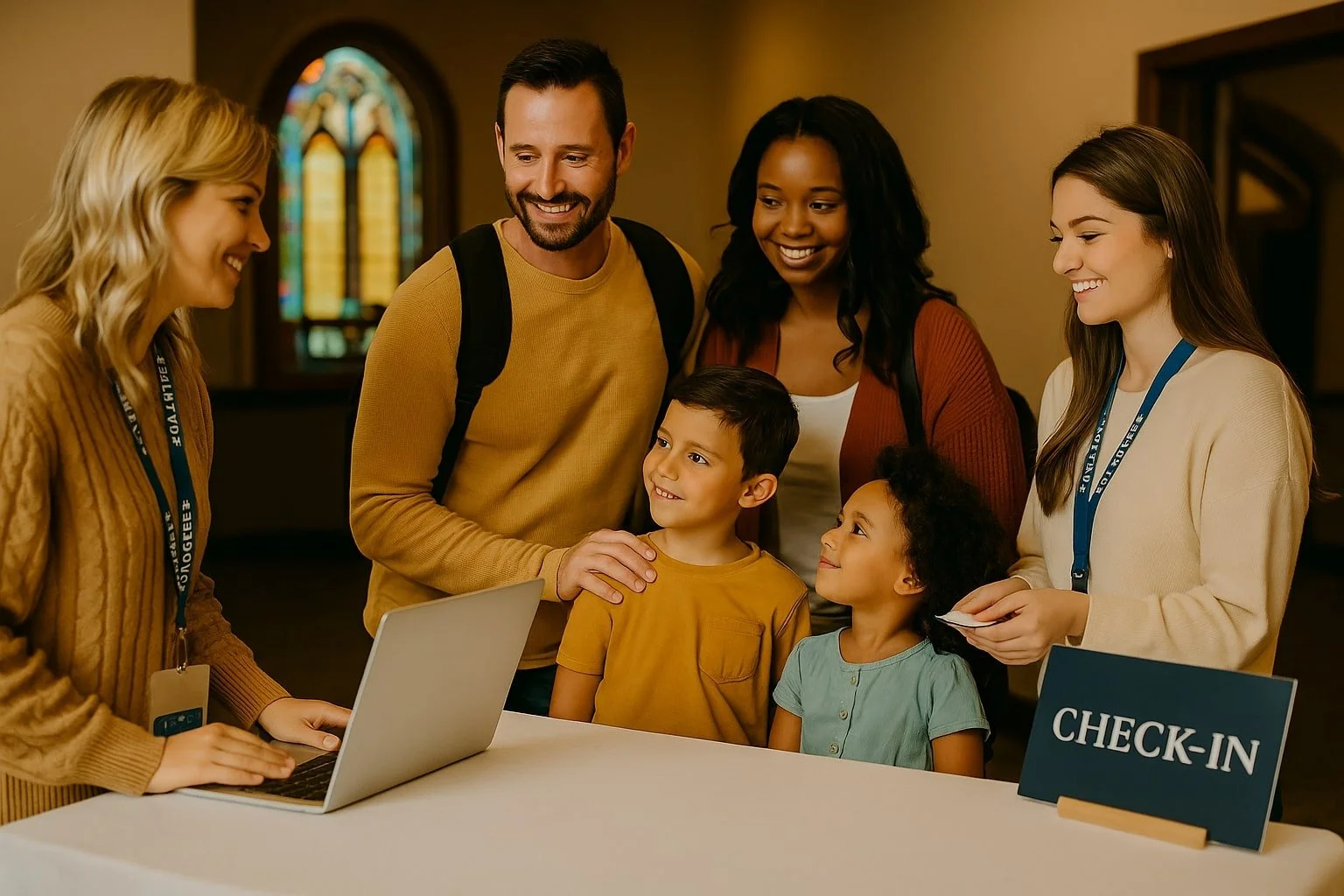 Group of people at hotel check-in desk, smiling and talking to a staff member, with children and adults, inside a church or hotel lobby with stained glass windows.