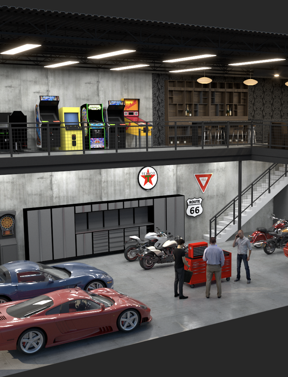 Garage condo social space rendering with mezzanine arcade, bar seating, and vehicle storage below.