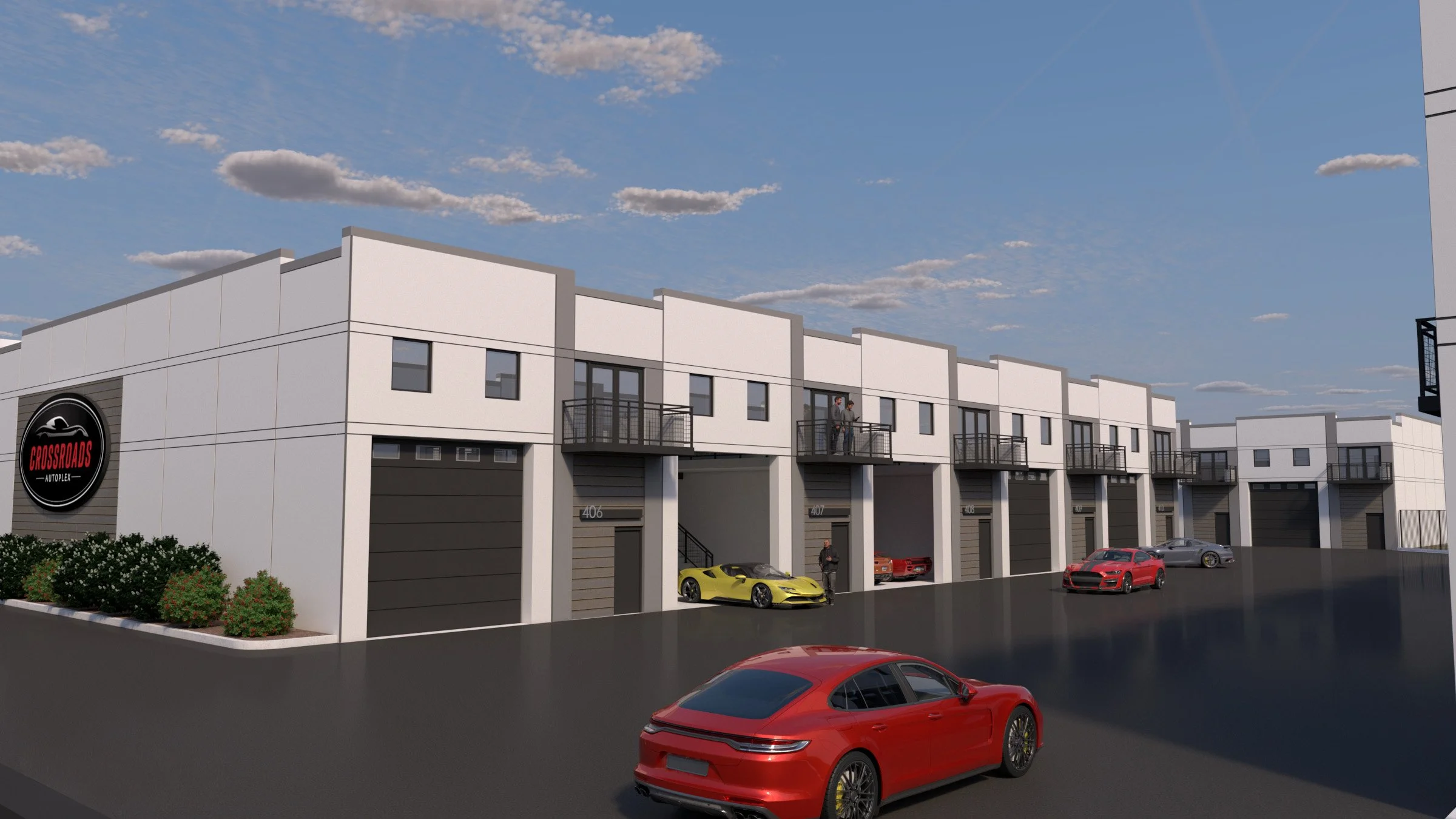Exterior rendering of The Crossroads Autoplex garage condos with private bays and balconies.