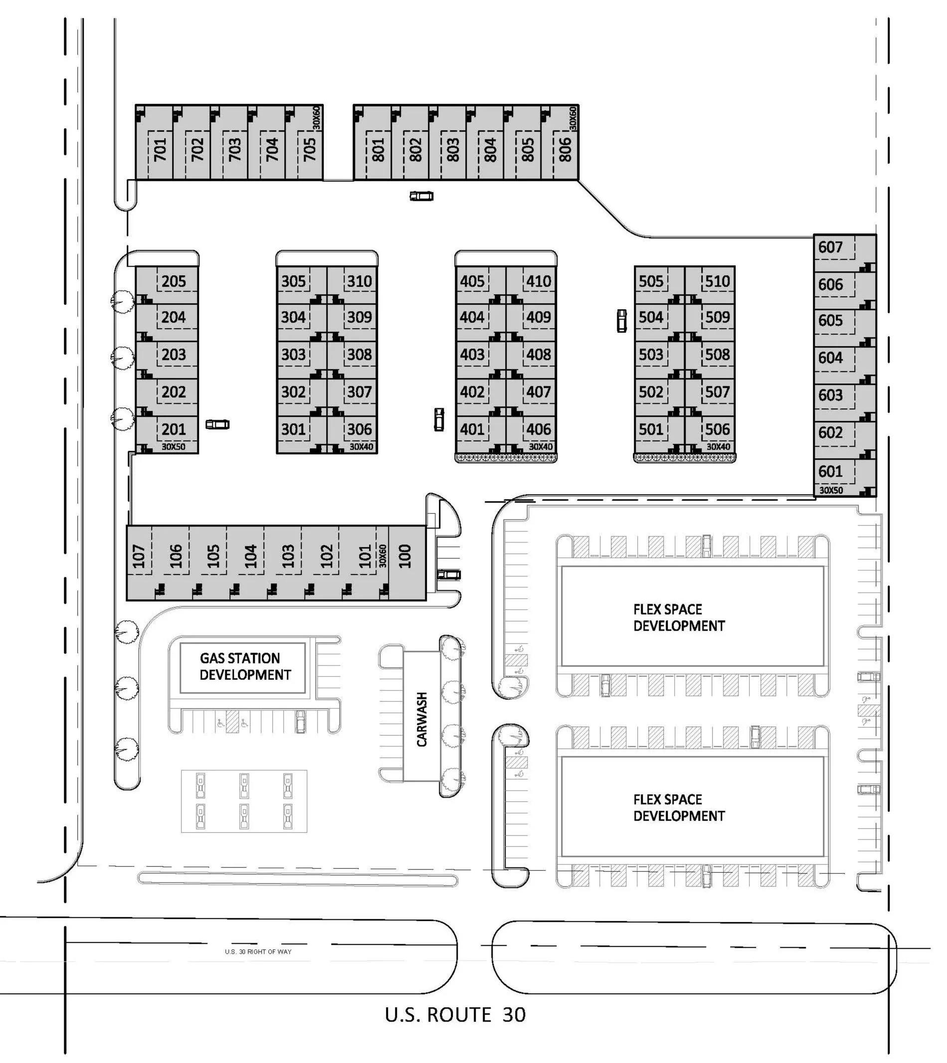 Site plan diagram of The Crossroads Autoplex layout with unit buildings, parking, and flex space areas.