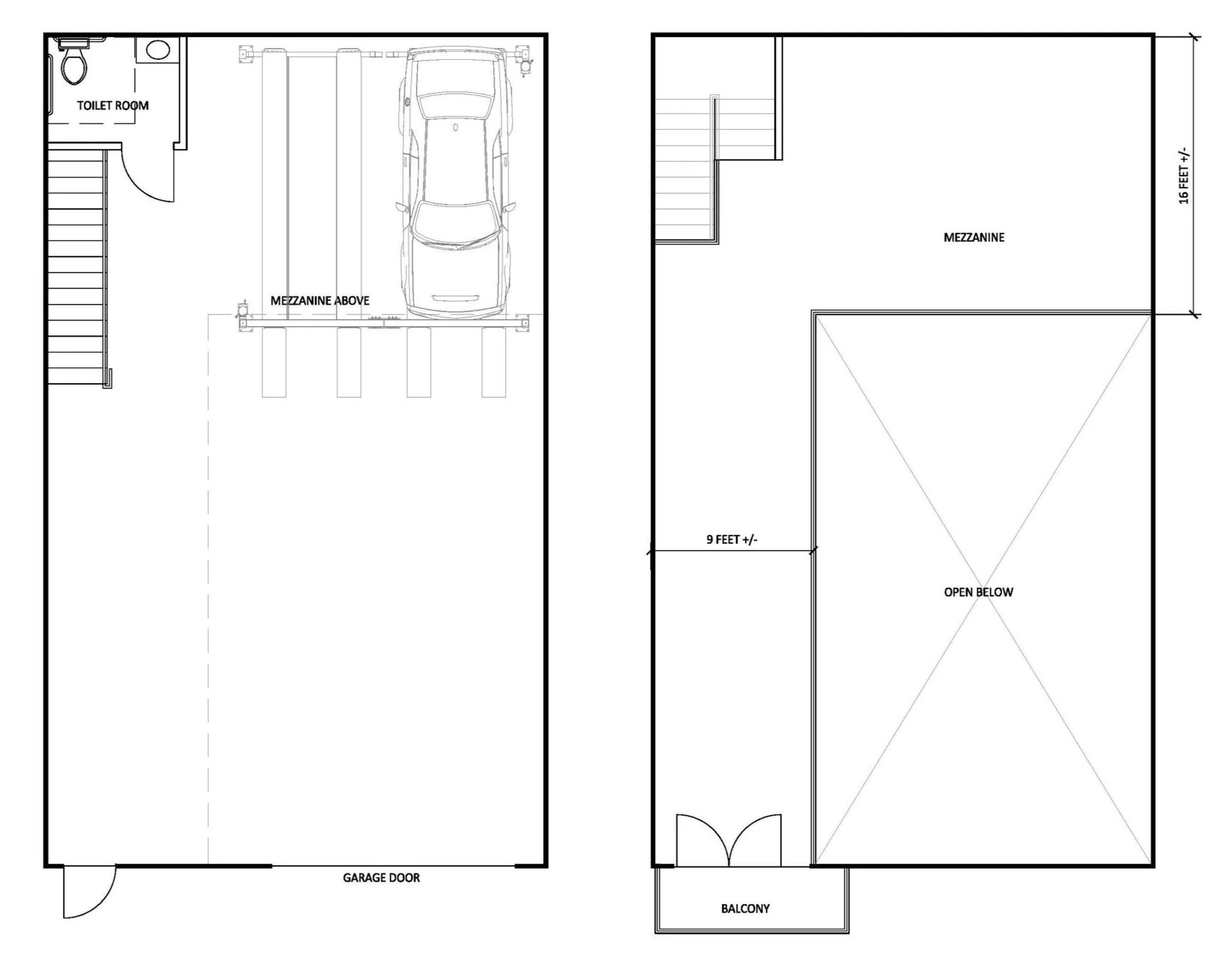 30’ x 50’ unit floor plan showing main level garage bay and mezzanine layout.