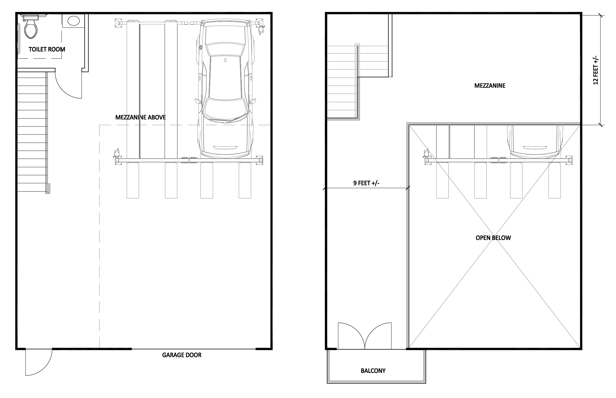 30’ x 40’ unit floor plan showing main level garage bay and mezzanine layout.