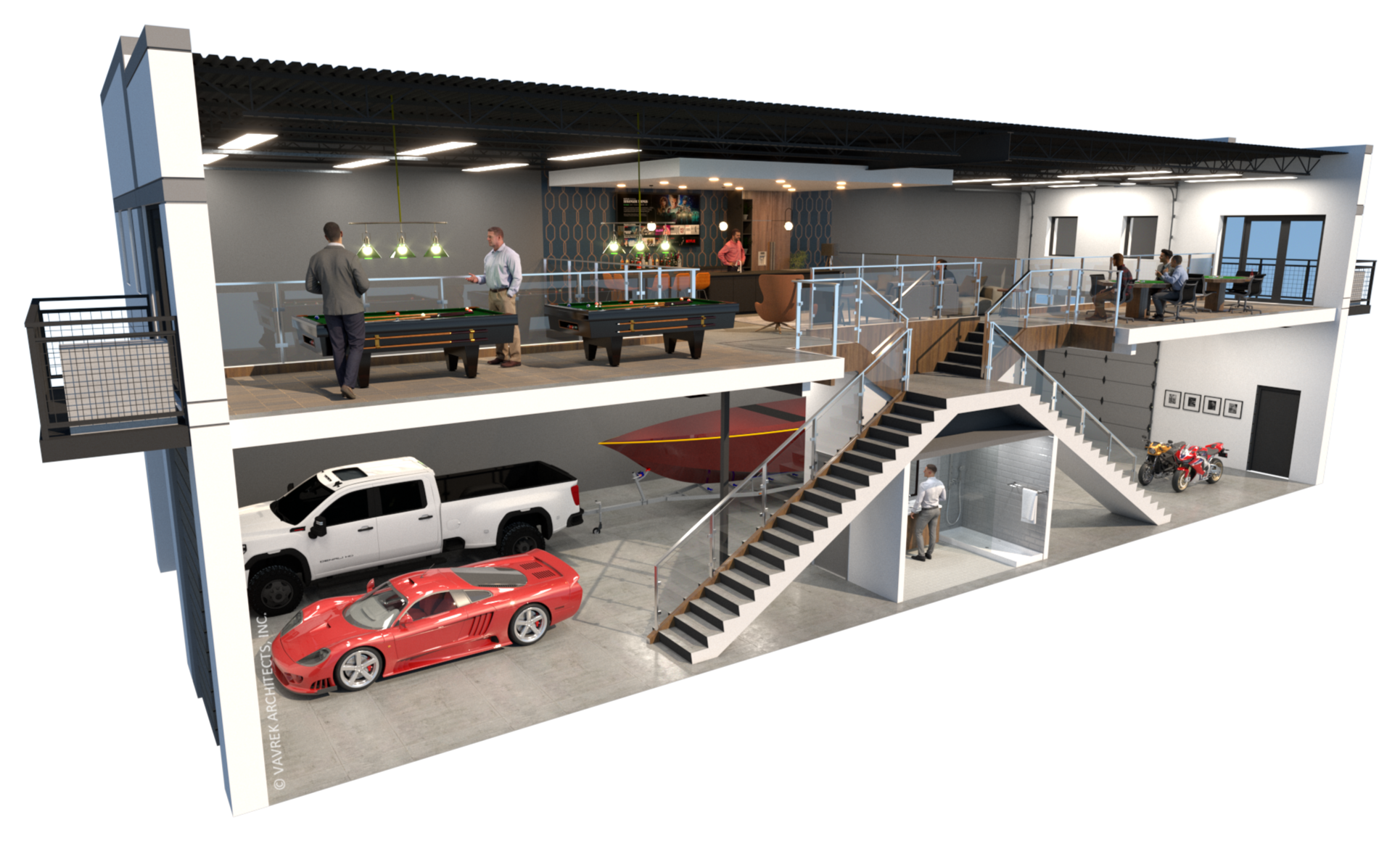 30’ x 80’ garage condo cutaway rendering with large vehicle bay, mezzanine lounge and games area, and upper-level workspace.