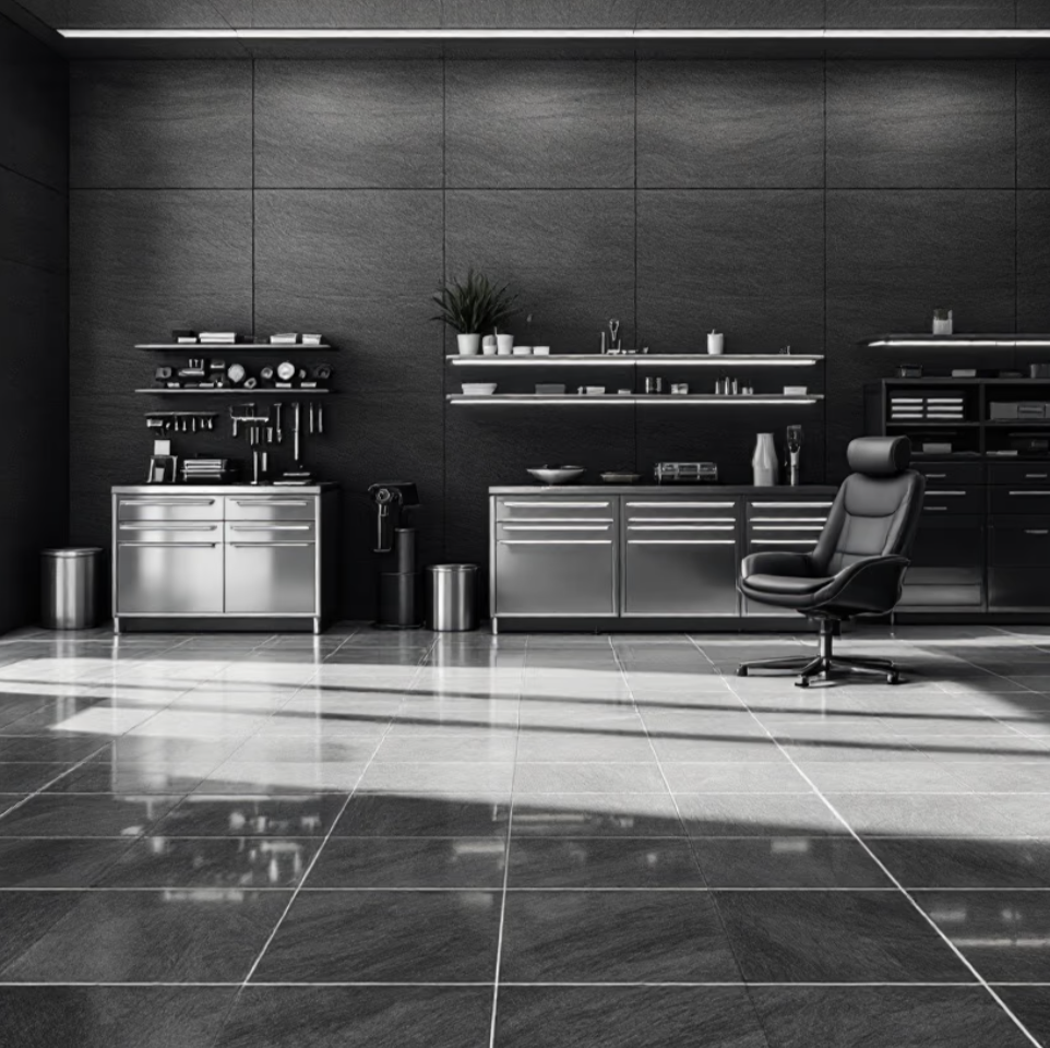 Modern garage condo custom interior with built-in cabinets, shelving, and polished tile floor.