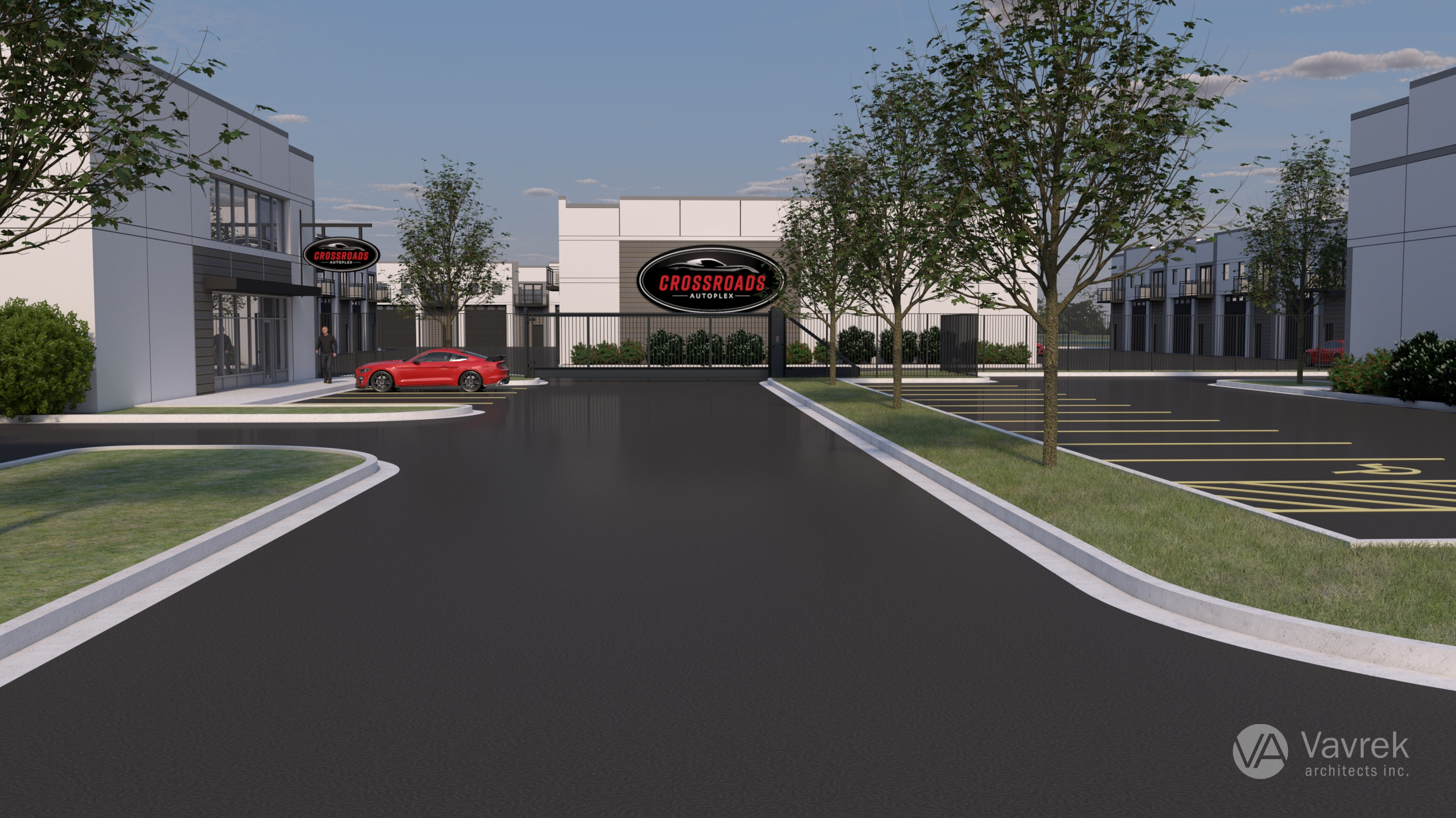 Entrance rendering of The Crossroads Autoplex with gated driveway, Crossroads Autoplex sign, and on-site parking.