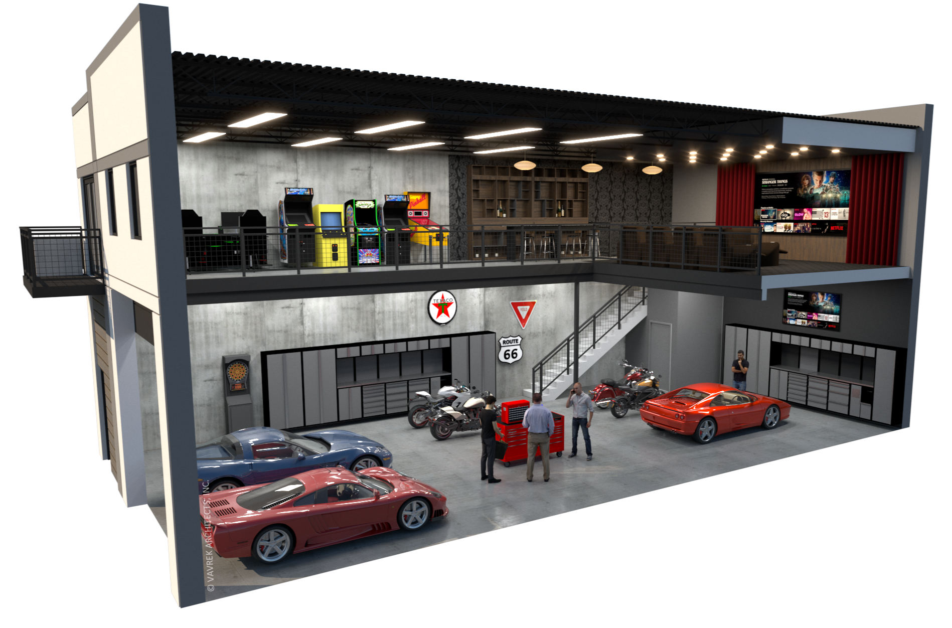 30’ x 60’ garage condo cutaway rendering with mezzanine entertainment space, bar seating, and vehicle storage below.
