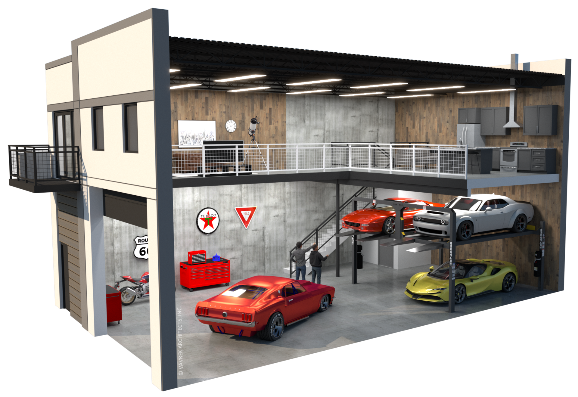 30’ x 50’ garage condo cutaway rendering with mezzanine lounge, workshop area, and vehicle storage with lift parking.