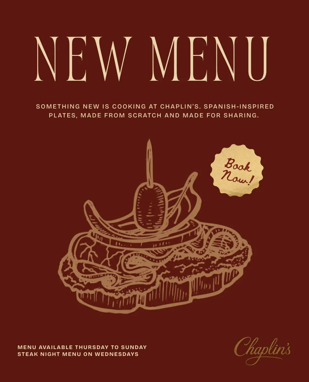 We&rsquo;ve been keeping a little something from you. Meet the new menu at Chaplin&rsquo;s.⁠
⁠
Spanish-inspired and very much designed for ordering a few things for the table.⁠
⁠
Available Thursday to Sunday from 5 pm. And don&rsquo;t worry, Wednesda