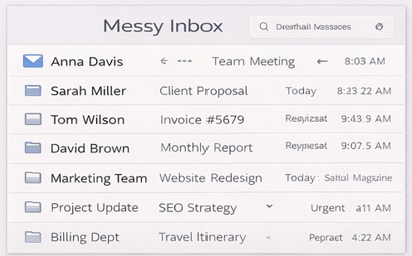 a messy email inbox with no organization or workflow