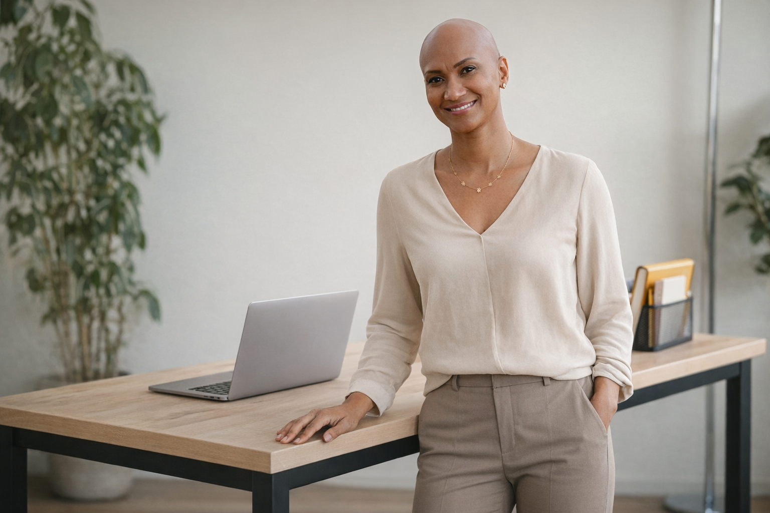 A woman with a bald head smiling in an office setting, standing with her hand on a wooden desk that has a laptop on it. There are plants and office supplies in the background.