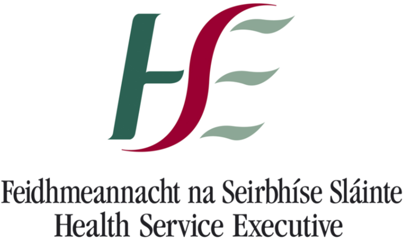Logo for the Health Service Executive with stylized green and maroon leaf and letter 'F' and 'S'